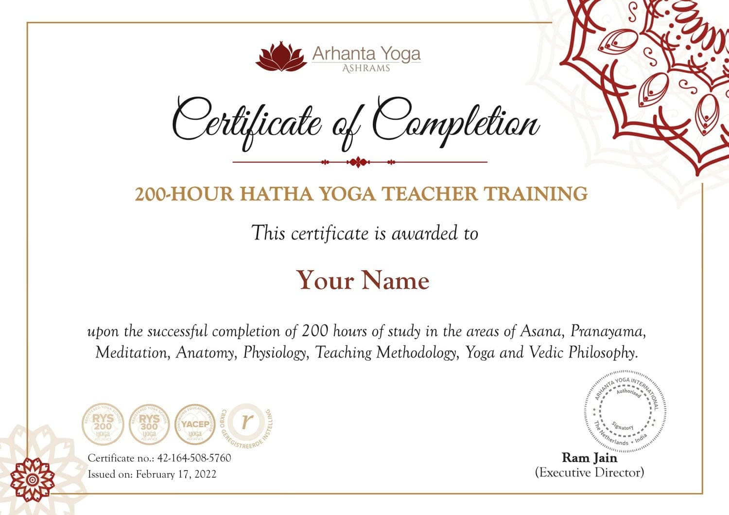 Certificato di formazione per insegnanti di Hatha Yoga di 200 ore