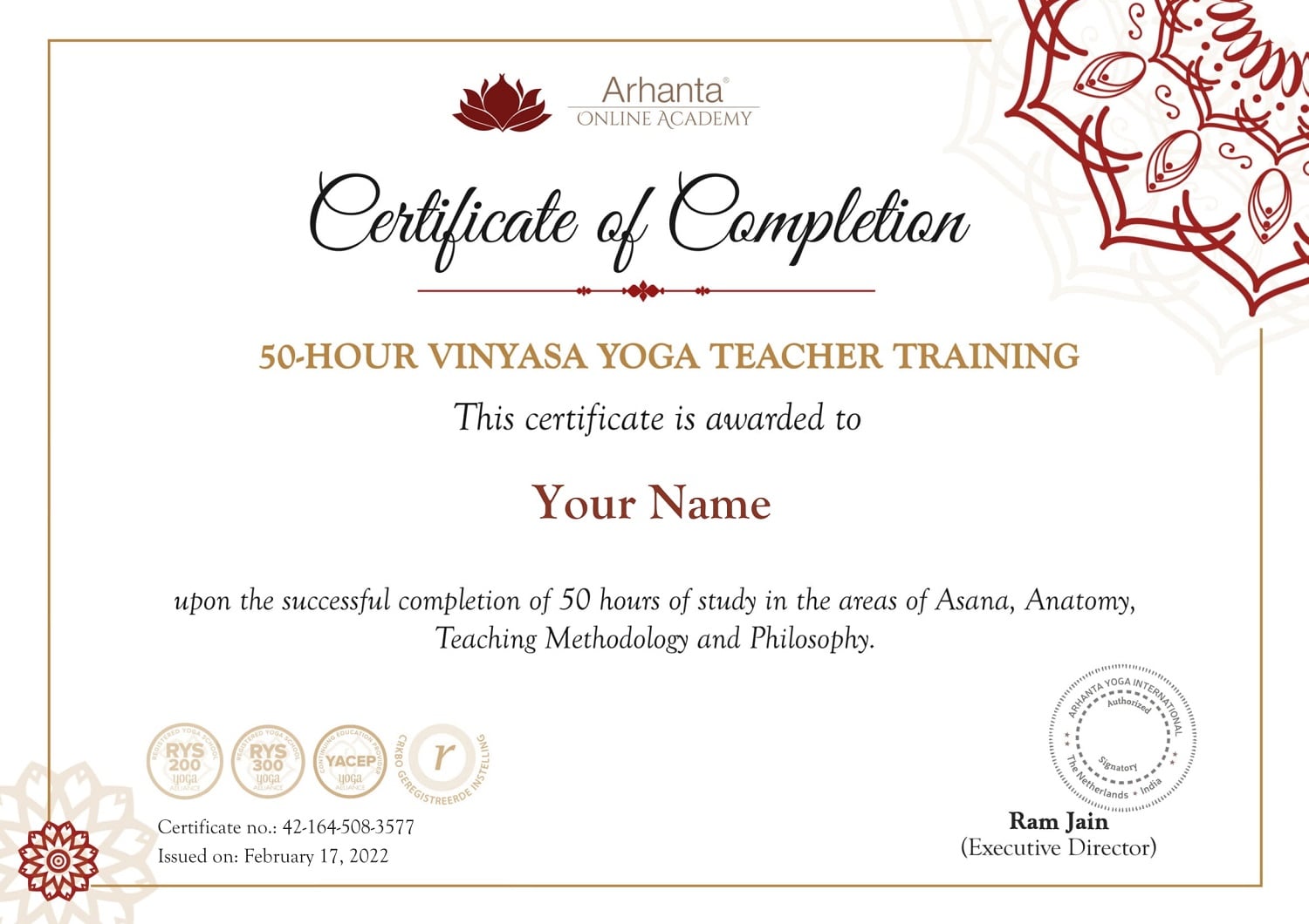 Certificato di formazione per insegnanti di 50 ore di Vinyasa Yoga