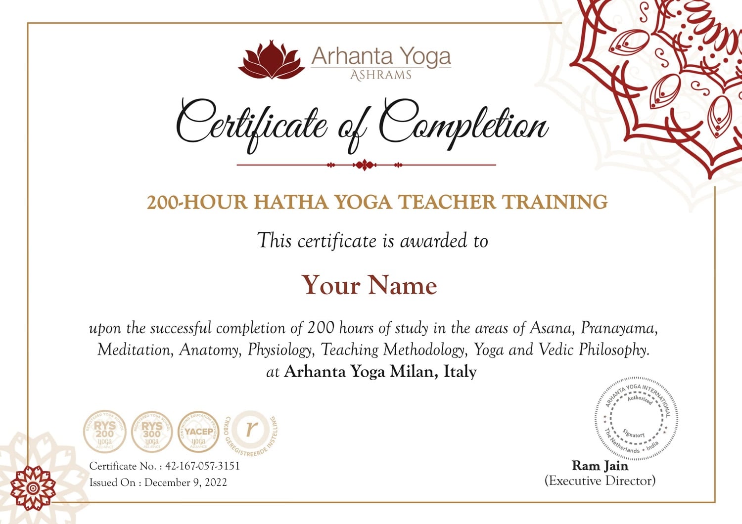 200 Hour Hatha Yoga Teacher Training Milan Certificate